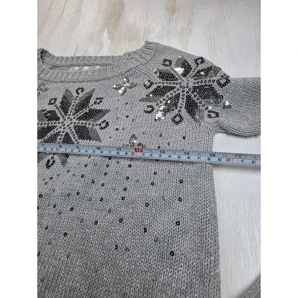 Justice Girls Gray Sequin Snowflake Sweater Size 10 Metallic Knit Holiday Y2K